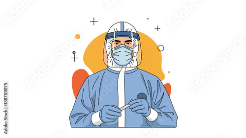 Healthcare professional in full protective gear including a blue surgical suit, mask, and face shield holding a test sample.