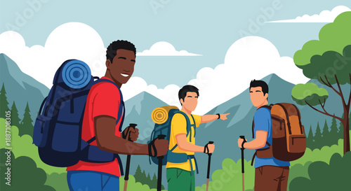 Modern vector illustration of three close friends hiking on a mountain trail, highlighting adventure, teamwork, outdoor lifestyle, exploration, and strong friendship in nature