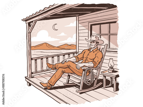 Vintage illustration of a muscular cowboy sitting on a porch rocking chair at night, looking out over the desert landscape. Western retro drawing.
