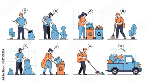 Diverse characters engaged in street cleaning activities like sweeping, picking up litter, and sorting waste for recycling.