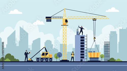 Busy construction site featuring a tall crane, workers, and machinery against a cityscape background during development.