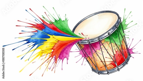 Samba drum hand-painted illustration with festive watercolor splashes in vibrant carnival colors on white background