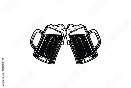 Clinking Beer Mugs Cheers Icon Collection in Vintage Line Style