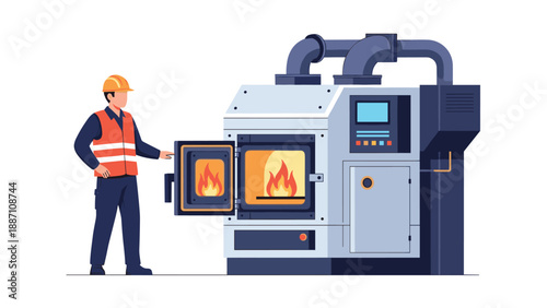 Professional worker wearing safety gear standing next to a large industrial furnace with a visible fire burning inside.