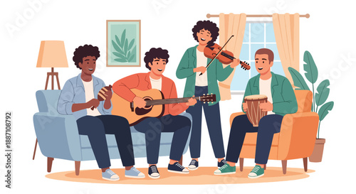 Three friends playing guitar and singing together at home, captured in modern flat vector style, representing creativity, friendship, leisure lifestyle, and joy