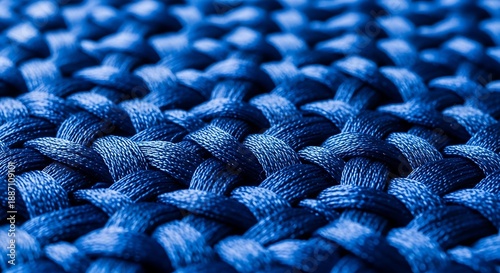 Intricate pattern of tightly woven blue textile threads fills the frame with shallow depth of field.
