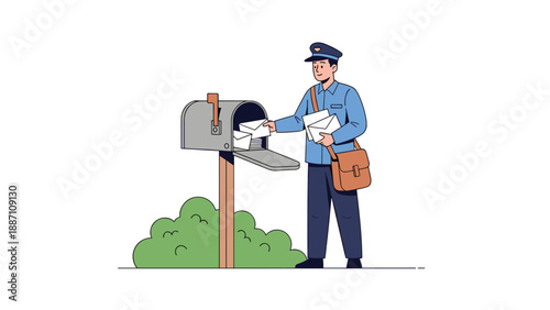 Friendly postman in a blue uniform placing letters and envelopes into a standard residential metal mailbox near a green bush.