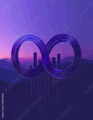 Abstract Infinity Symbol Over Tranquil Landscape With City Silhouette Aesthetic