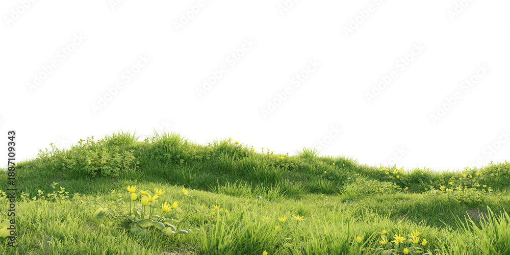 Obraz premium Verdant Hill Blooming with Yellow Flowers in Spring. 3D render. 