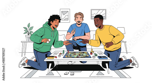Three close friends playing board games together at home in modern flat vector style, expressing fun, leisure lifestyle, friendship, and social bonding