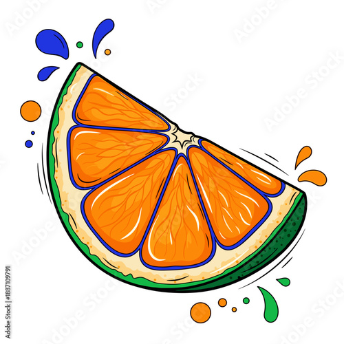 Juicy orange slice vector illustration, saturated cobalt blue and tangerine tones with bold black outlines