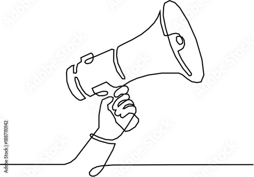  single continuous line drawing of a hand firmly gripping a megaphone for making announcements. One line draw art vector.