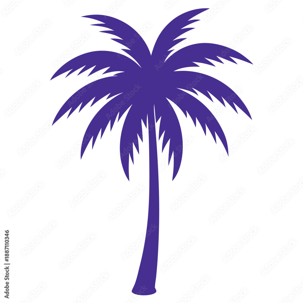 Obraz premium Elegant Deep Purple Palm Tree Silhouette Vector Illustration for Tropical Logo, Travel Branding and Summer Design Isolated on White Background.