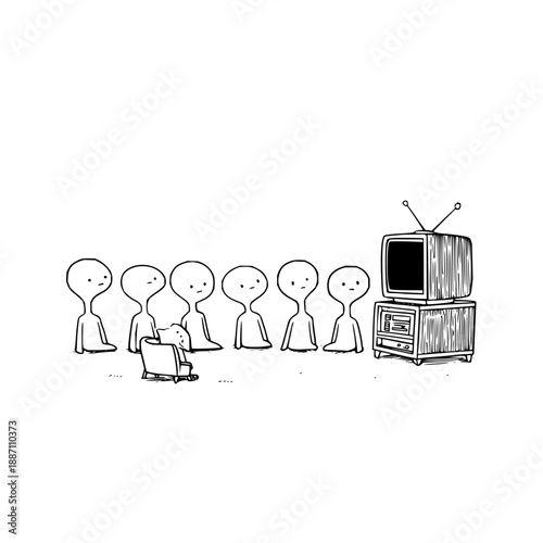 Stick Figures Watching Old Television Set