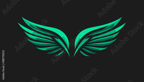 Abstract Teal Wings Symbolizing Freedom, Flight And Transformation Isolated On Black Backdrop