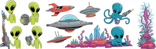 Colorful cartoon alien characters with UFO spaceships, crystal planets, cute octopus creatures and futuristic sci-fi elements, perfect for stickers, games, children illustrations
