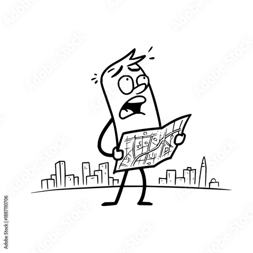 Confused Cartoon Character Holding Map in City