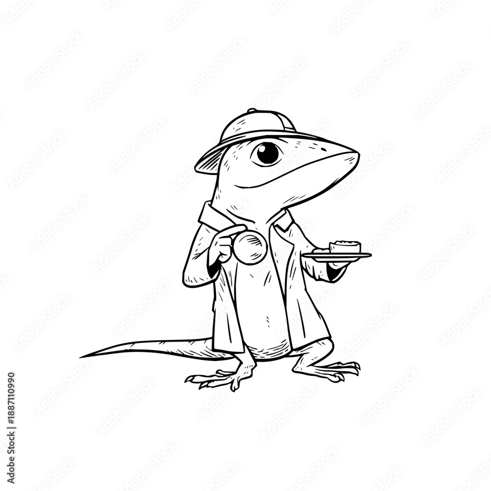 Naklejka premium Lizard Detective Wearing Hat Holding Magnifying Glass and Tray