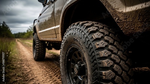 Close-up of a 4x4 vehicle's large off-road tires on a dirt track.