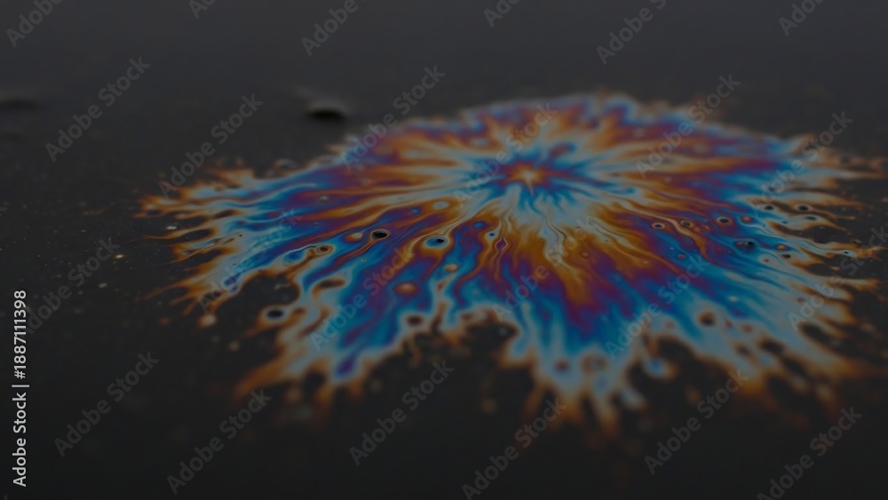 Obraz premium Oil spill on dark water surface with vibrant colors.