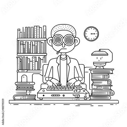 Cartoon Scientist Typing on Vintage Typewriter in Office