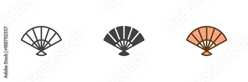 Folding fan accessory different style icon set. Line, solid and filled outline colorful icon for party costume design. Decorative hand fan vector sign and symbol icon.