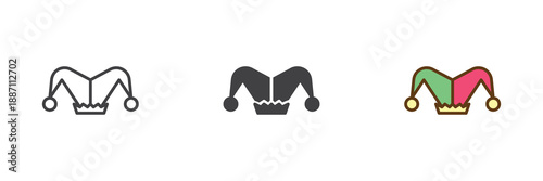 Clown hat costume accessory different style icon set. Line, solid and filled outline colorful icon for circus or party look. Funny headwear vector sign and symbol icon.