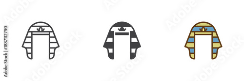 Ancient pharaoh headdress different style icon set. Line, solid and filled outline colorful icon for Egyptian costume theme. Historic headwear vector sign and symbol icon.