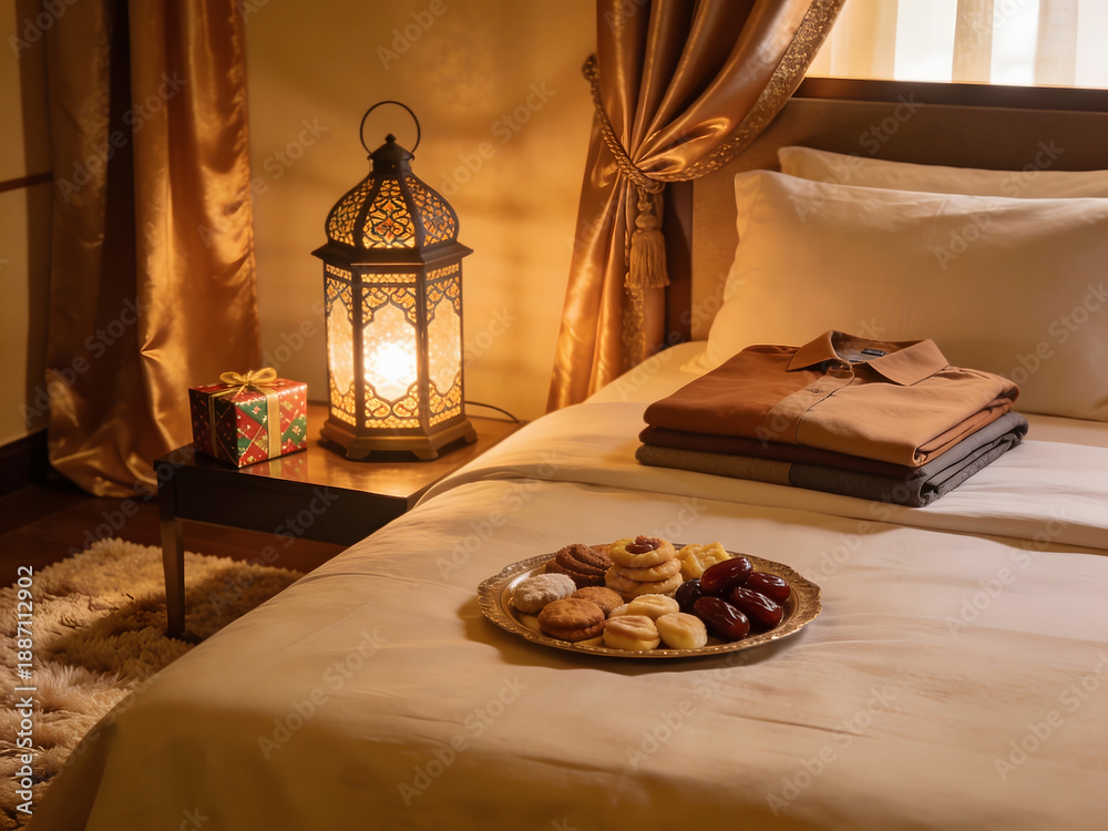 Fototapeta premium Plate of cookies and dates with a gift and lantern on a bed food dessert