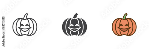 Halloween pumpkin jack o lantern different style icon set. Line, solid and filled outline colorful icon for spooky party decoration. Autumn pumpkin vector sign and symbol icon.