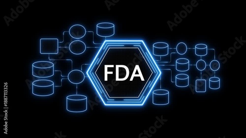 FDA concept animation with connected icons network, food and drug administration functions and regulations diagram, digital compliance technology background