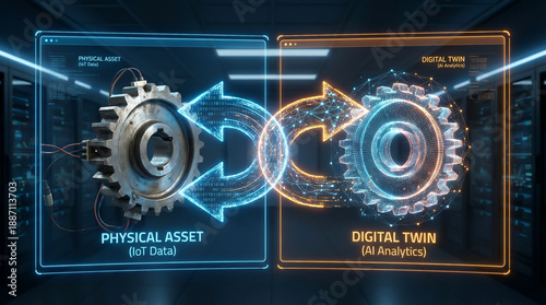 Conceptual Representation of Digital Twin Technology and Physical Asset Integration with IoT and AI Analytics in Data Center