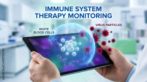 Medical Professional Monitoring Immune System Therapy and Virus Defense on Digital Tablet in Laboratory