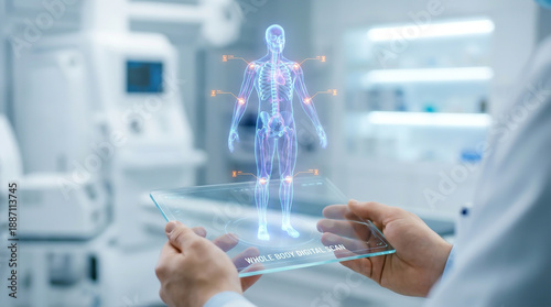Doctor Holding Transparent Tablet with 3D Human Body Hologram for Futuristic Digital Whole Body Scan and Medical Diagnosis
