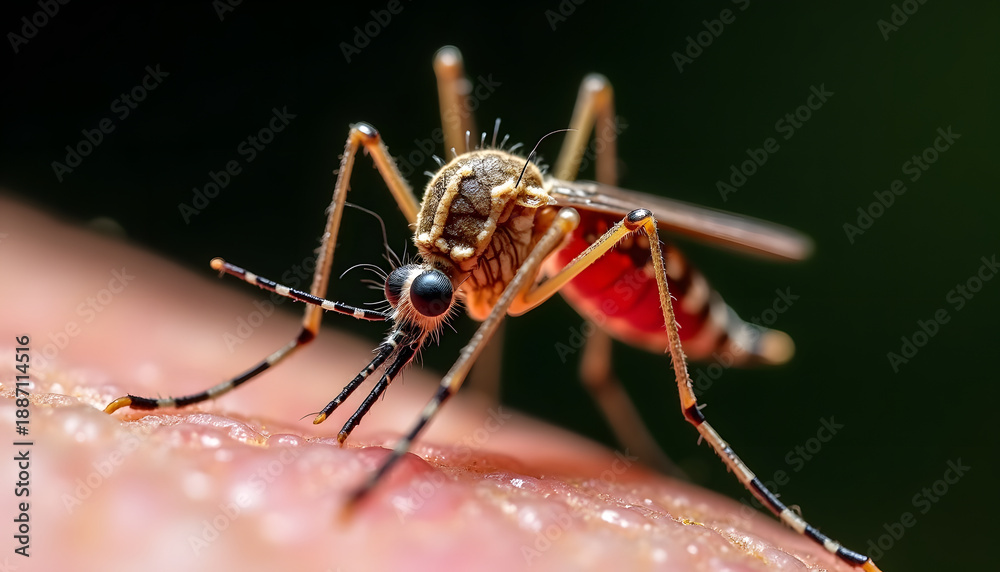 Fototapeta premium Extreme close-up macro shot of a mosquito feeding on human skin with its proboscis inserted