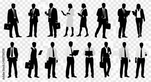 Collection of business people silhouettes in various poses and outfits