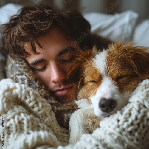 A young person sleeping while cuddling a puppy, both wrapped in a warm knitted blanket. Cozy and peaceful atmosphere.