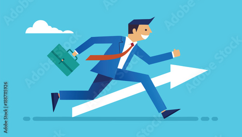 Businessman running upward on arrow symbolizing career growth and success