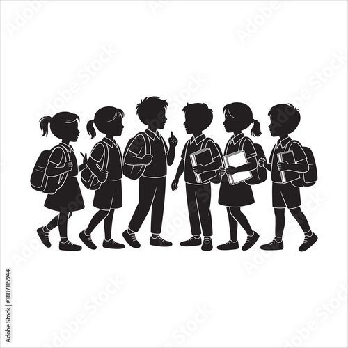 School children group silhouette standing together with backpacks and textbooks