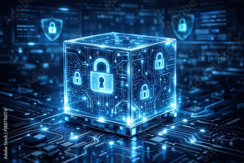 Glowing digital security cube with padlock icons on futuristic circuit board background, representing cybersecurity encryption, data protection, and secure network access