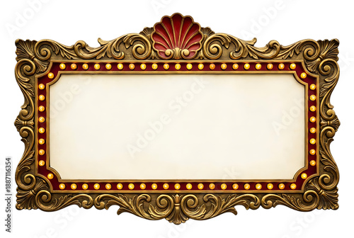 An ornate golden frame with a red and yellow illuminated marquee border ideal for text placement on transparent background high quality professional detailed