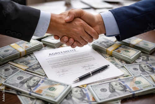 Business handshake sealing a financial agreement over stacks of cash and signed contract documents on a desk with pen, symbolizing investment deal