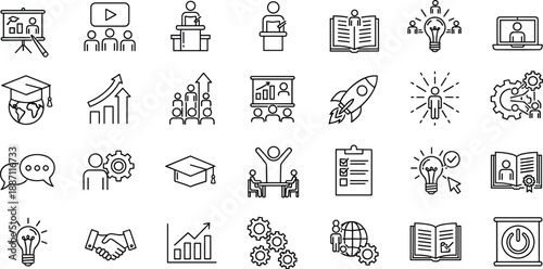 Education icons, business teamwork, innovation symbols, learning concepts, professional development, brainstorming, graduation, presentation, global skills, leadership, strategy, growth, communication