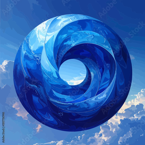 Abstract Vortex Of Watery Blue Shapes Against a Bright Cloudy Sky Backdrop