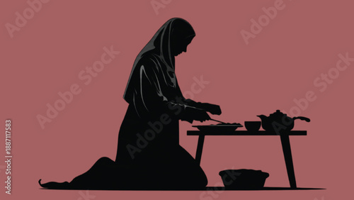 Woman preparing iftar table silhouette, Ramadan home preparation and Muslim family lifestyle vector illustration
