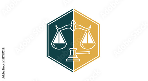 Aesthetic Legal Symbol:  Two Toned Scales And Gavel Within a Geometric Hexagonal Shape