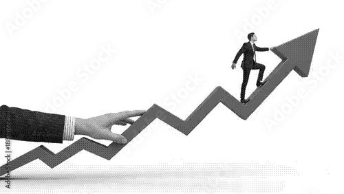 Black and white halftone illustration of a person climbing an arrow graph held by a hand