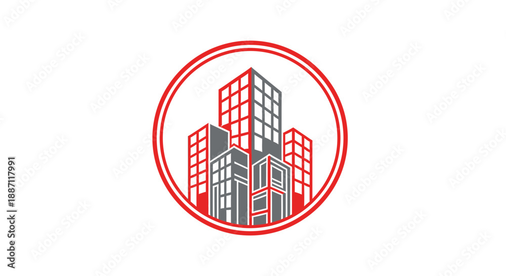 Obraz premium Architectural Illustration Depicting Urban Structures Within a Circular Emblem Design