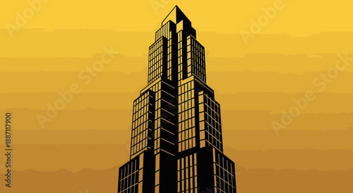 Architectural Illustration Depicting Modern Skyscraper Against a Golden Hour Backdrop
