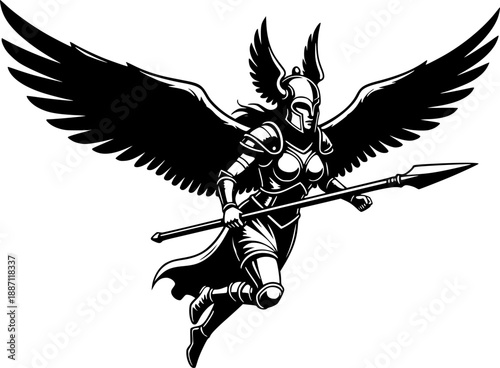 Valkyrie flying vector black silhouette print design
